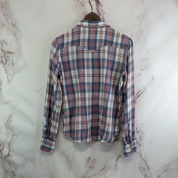 Ralph Lauren Top Women Medium Pink Blue Denim Supply Plaid Button Cowgirl Pearl - Picture 5 of 12